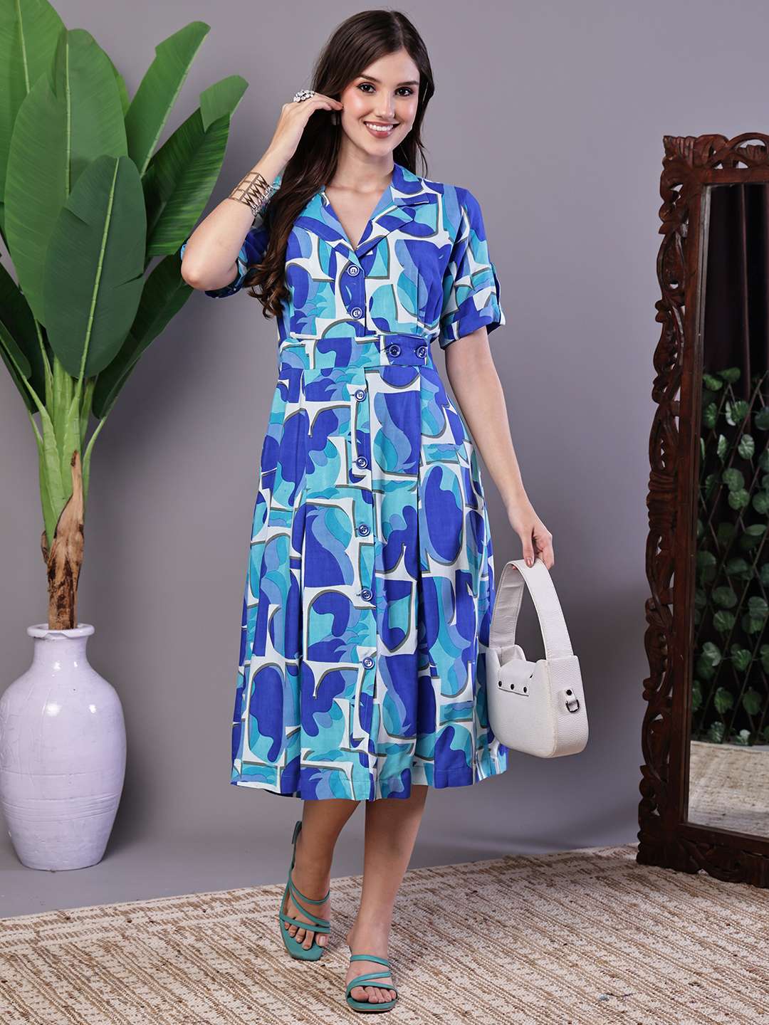 Women's Blue Abstract Print Cotton Shirt Dress
