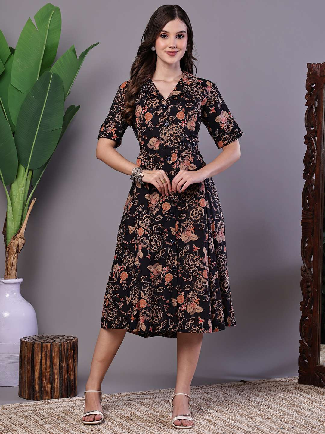 Women's Chic Black & Rust Floral Print Button-Front Midi Dress - Image 3