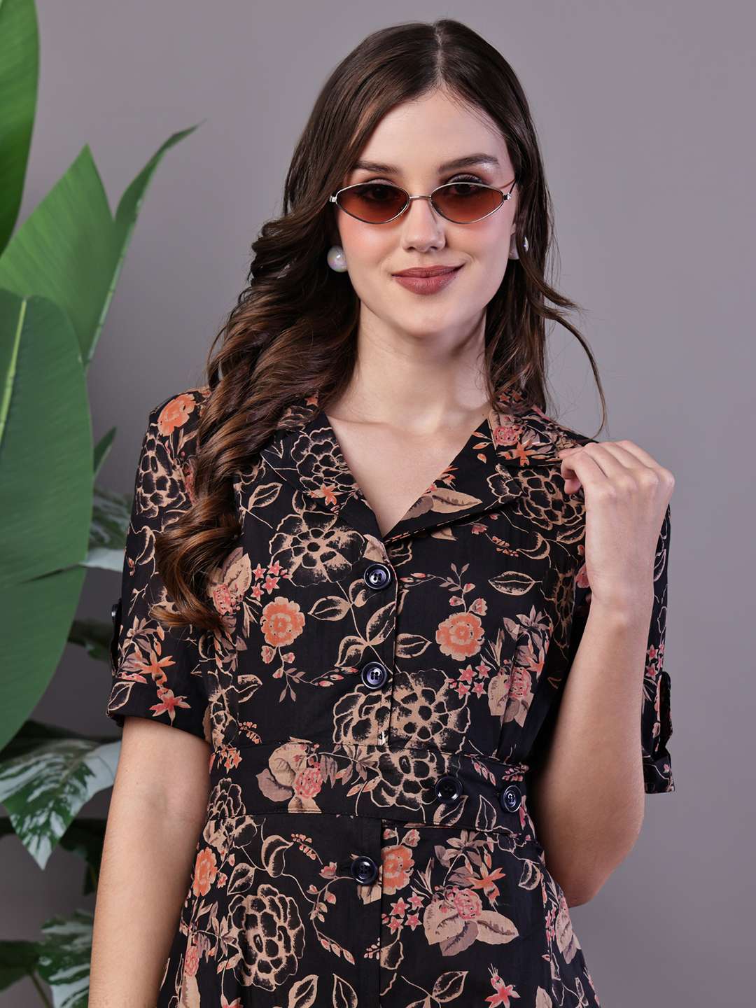 Women's Chic Black & Rust Floral Print Button-Front Midi Dress - Image 4