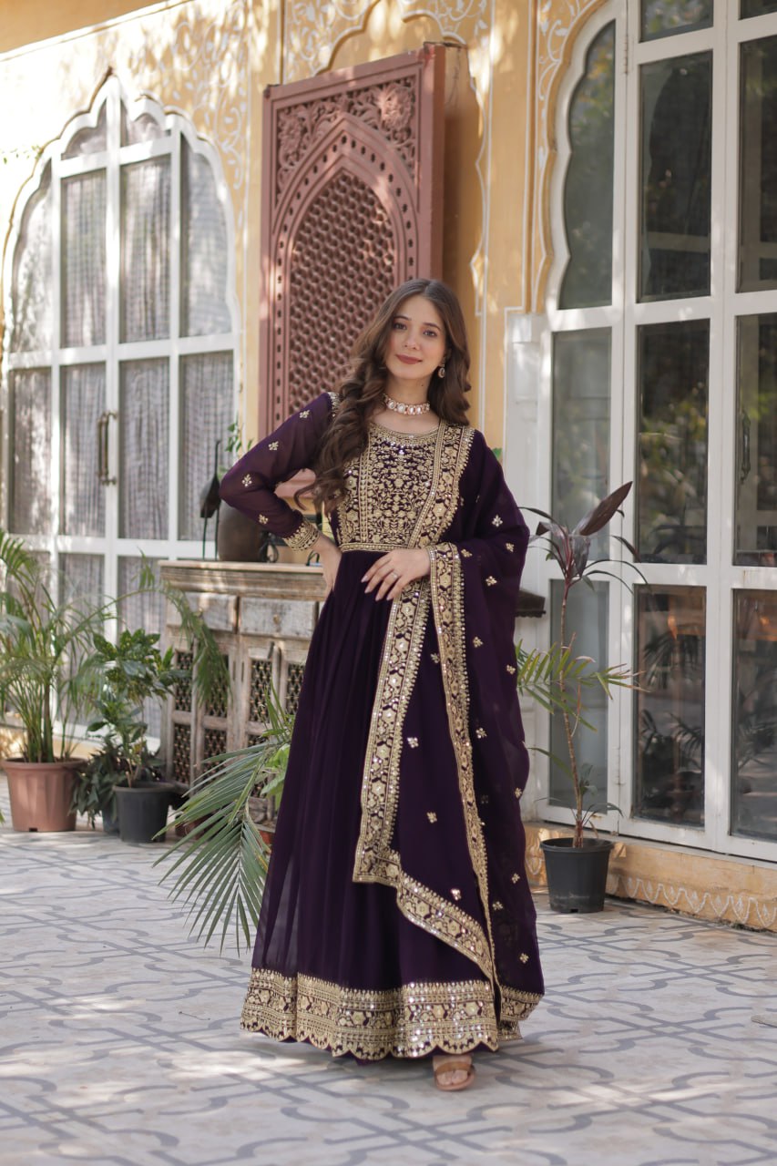 Women's Luxurious Plum Velvet Anarkali Gown with Heavy Gold Zari & Sequin Embroidery – Perfect for Weddings & Grand Festivities - Image 6