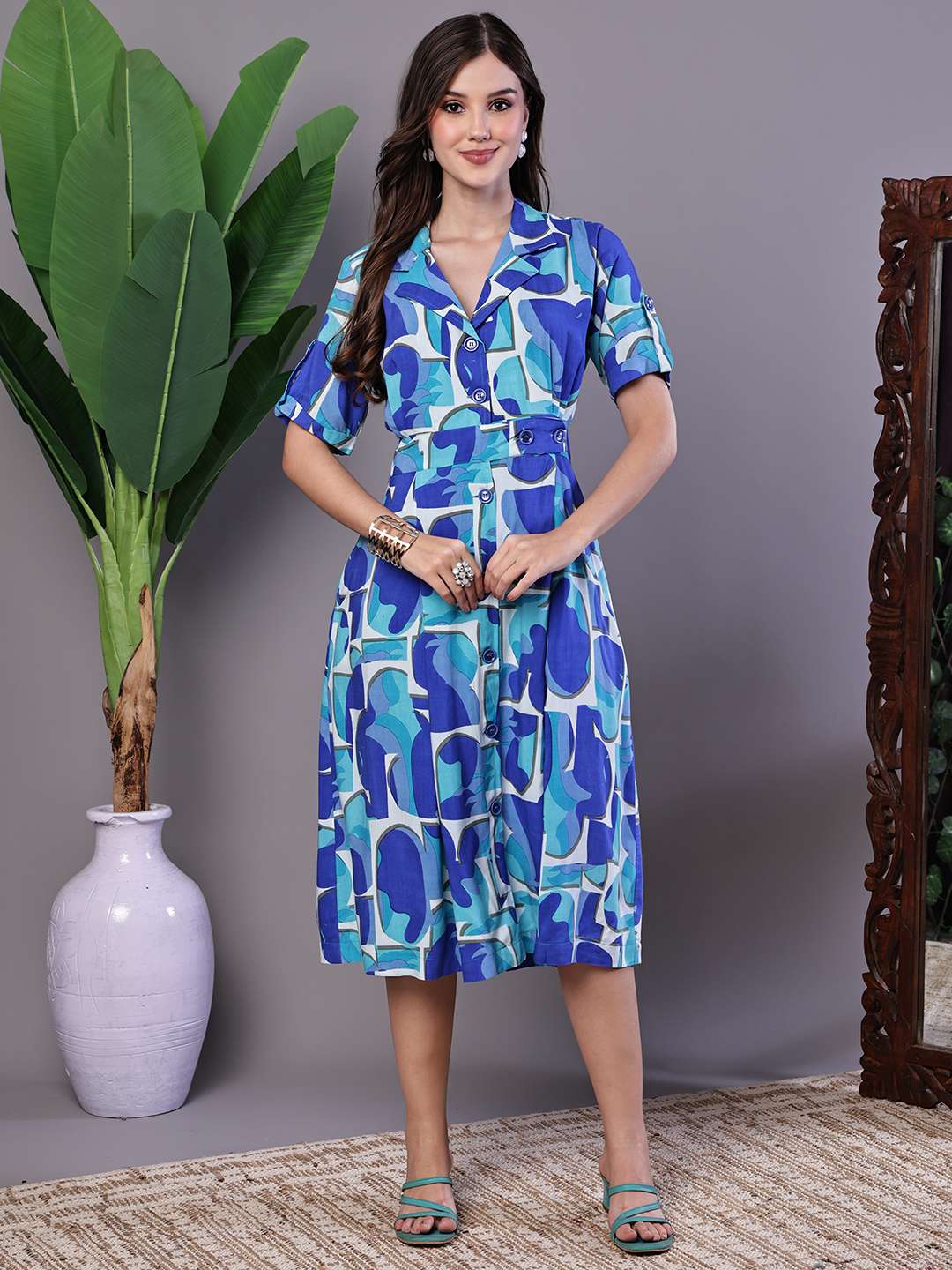 Women's Blue Abstract Print Cotton Shirt Dress - Image 3